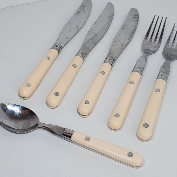 Vintage Wesley Forge Stainless Steel Silverware 6pc Peach Mardi Gras Style Camp - Picture 2 of 3